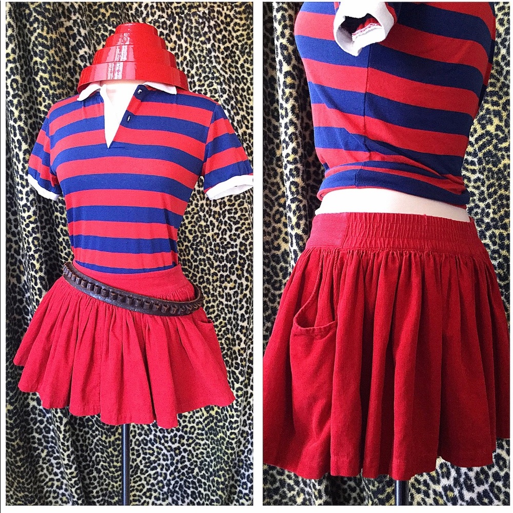 Red Cotton Corduroy Mini Skater Circle Skirt M L